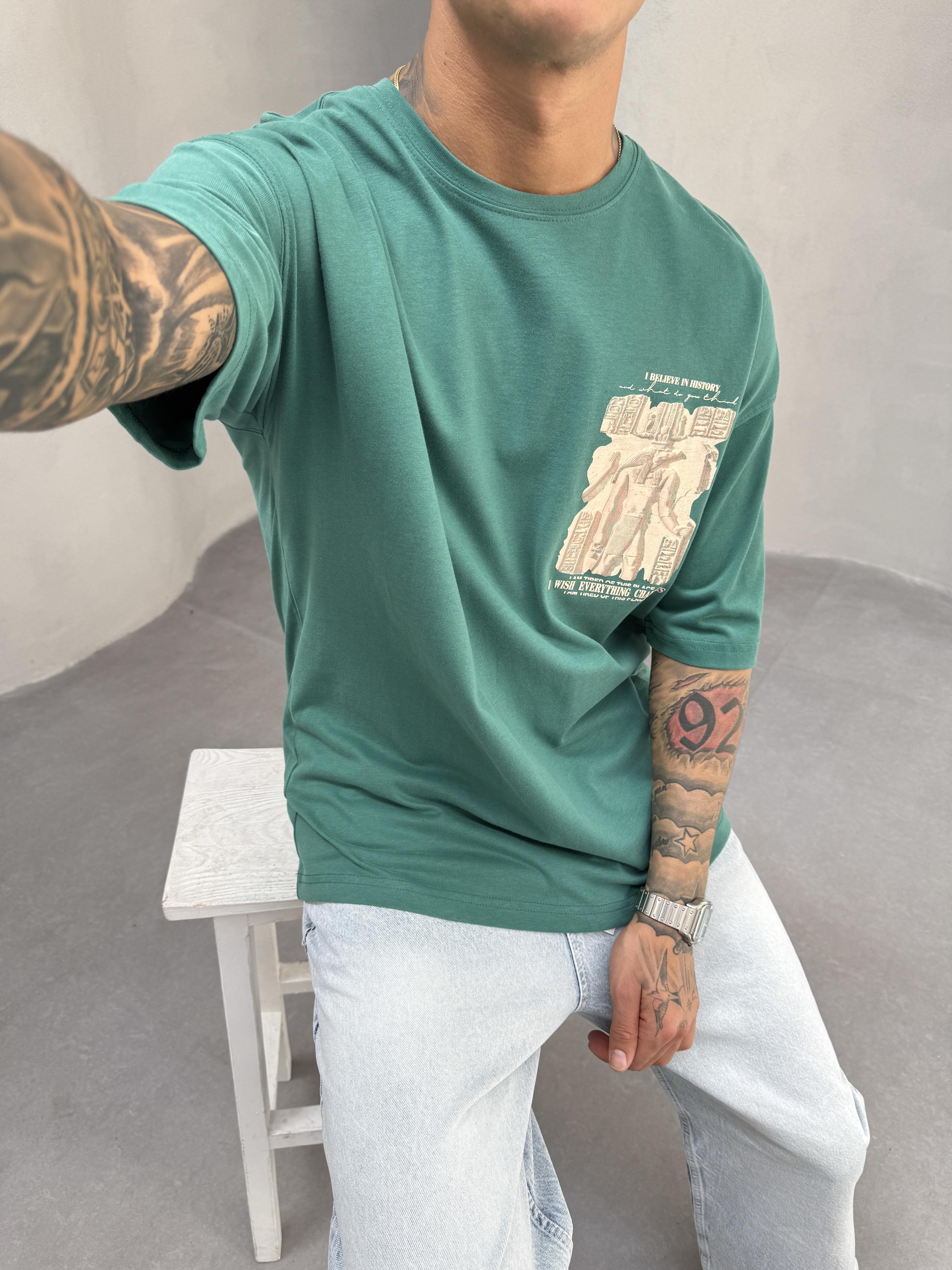 Yeşil Oversize Baskılı T-Shirt