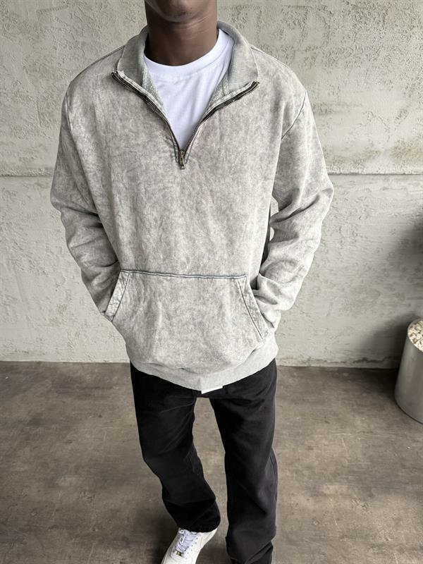 Açık Gri Yıkamalı Fermuarlı Sweatshirt