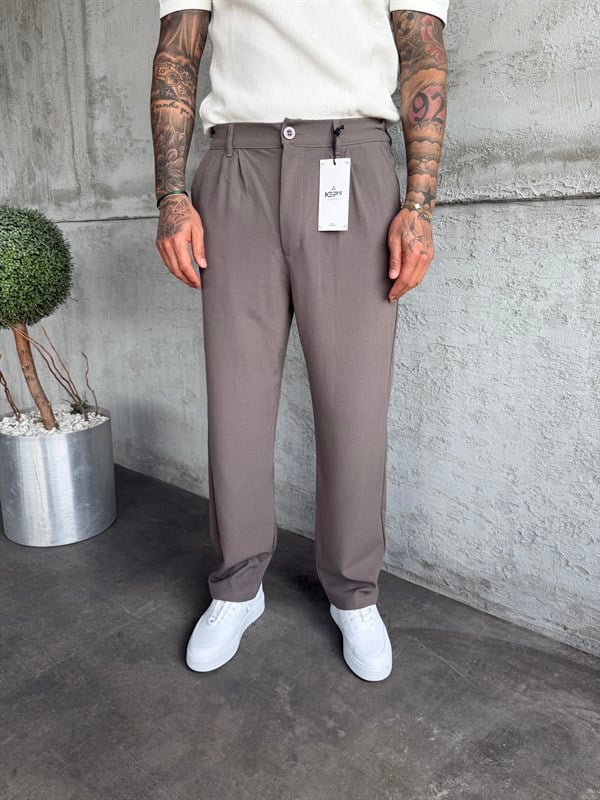 Açık Kahve Pileli Baggy Kumaş Pantolon