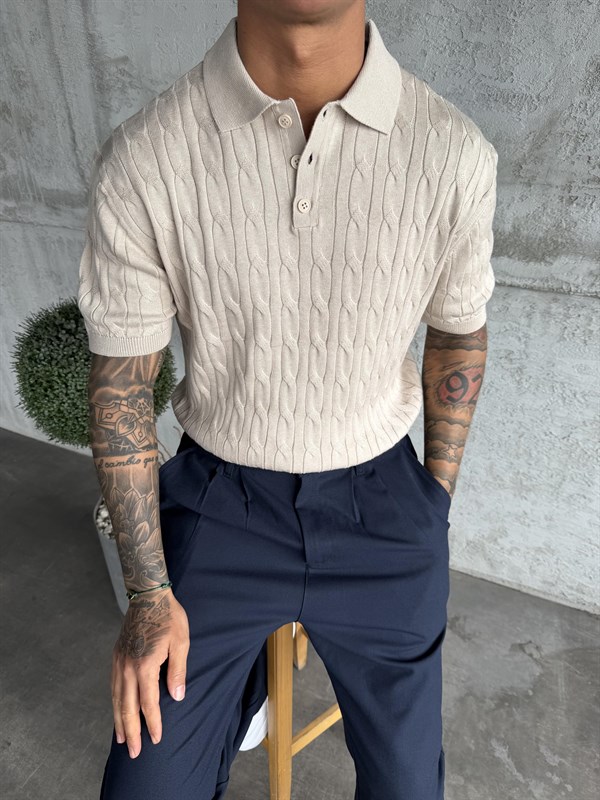 Bej Örgü Desenli Polo Yaka Triko T-Shirt