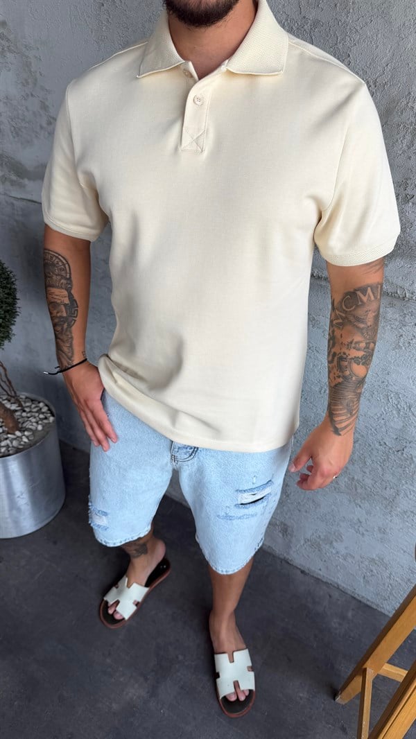 Bej Pike Kumaş Polo Yaka T-Shirt