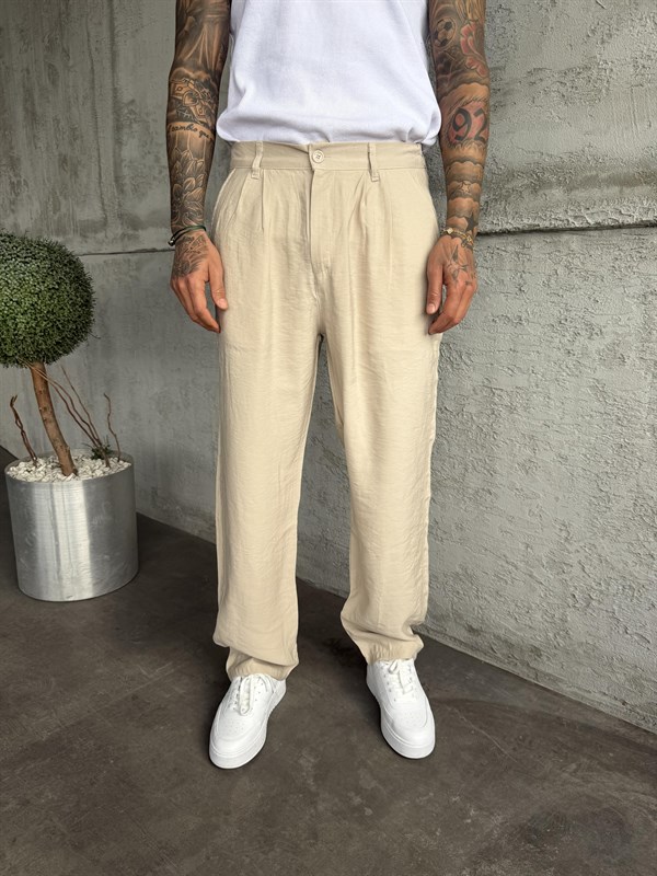 Bej Pileli Modal Kumaş Baggy Pantolon