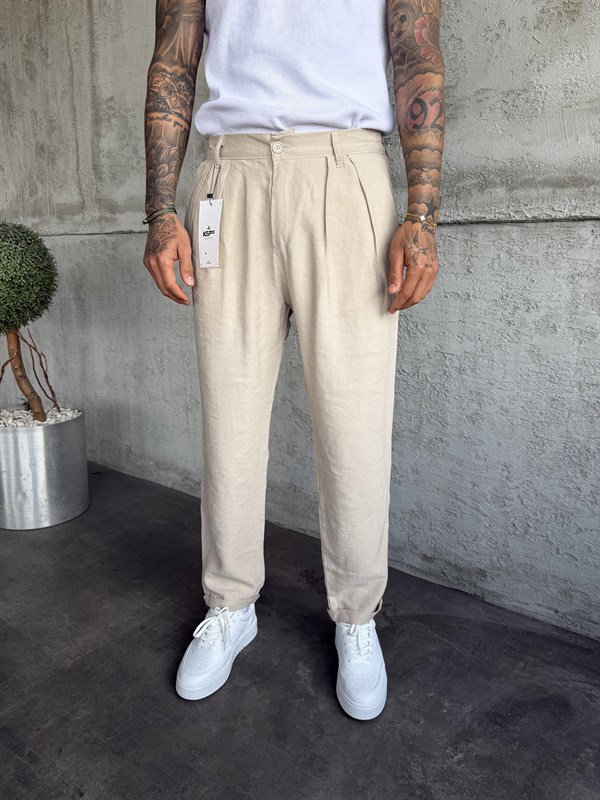 Bej Pileli Modal Kumaş Boyfriend Pantolon