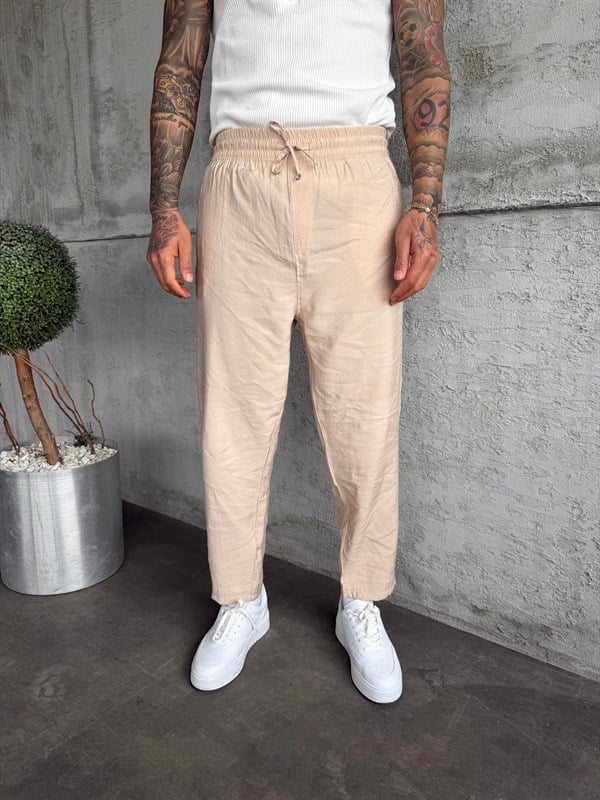 Bej Tensel Kumaş Boyfriend Pantolon