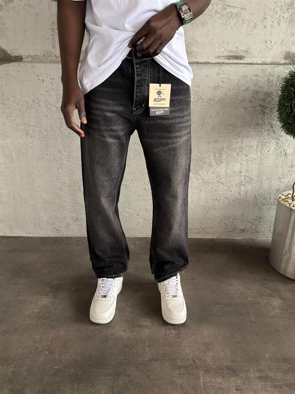 Beyaz Dikişli Füme Taşlamalı Baggy Jean