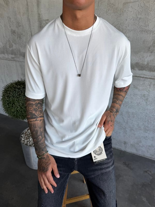 Beyaz Fitilli Basic T-Shirt