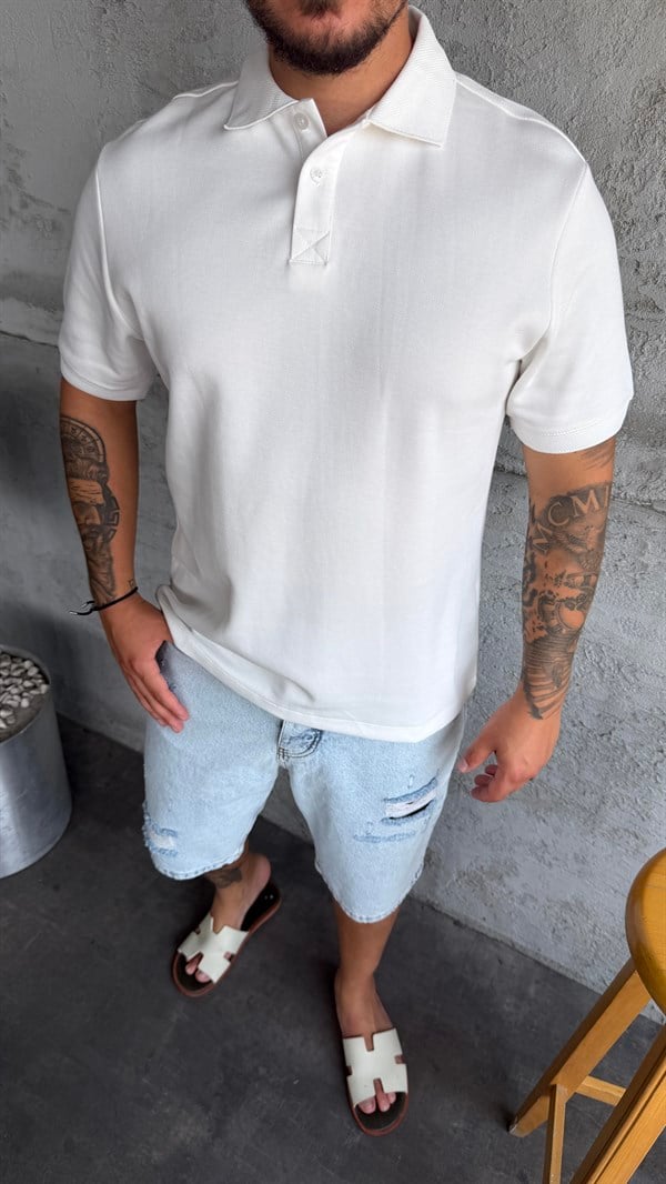 Beyaz Pike Kumaş Polo Yaka T-Shirt