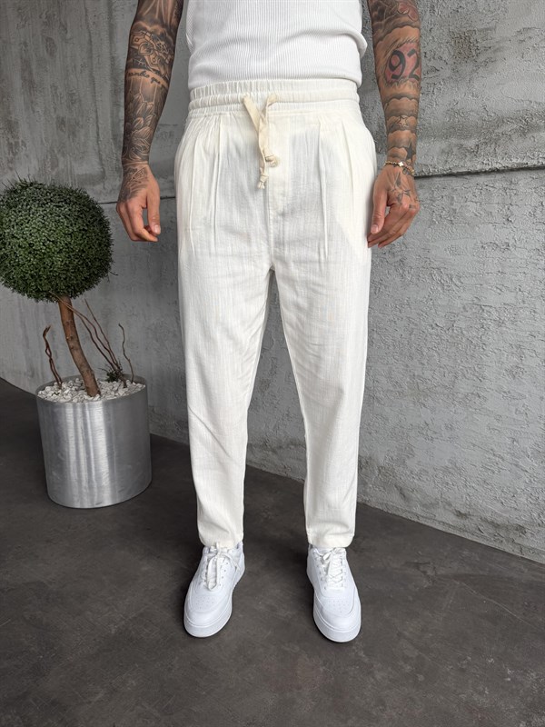 Beyaz Pileli Boyfriend Keten Pantolon