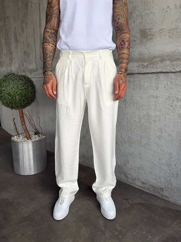 Beyaz Pileli Modal Kumaş Baggy Pantolon