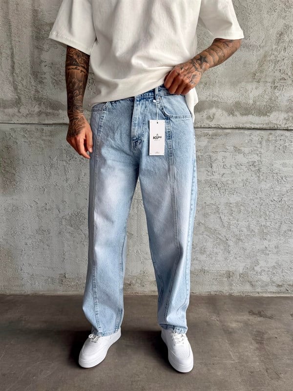 Dikiş Detaylı Buz Mavi Relax Baggy Jean