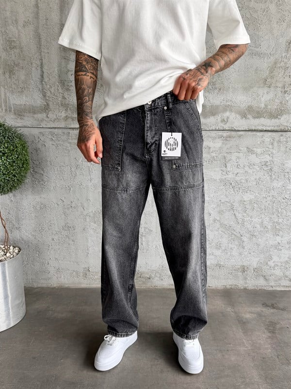 Dikiş Detaylı Füme Taşlamalı Relax Baggy Jean