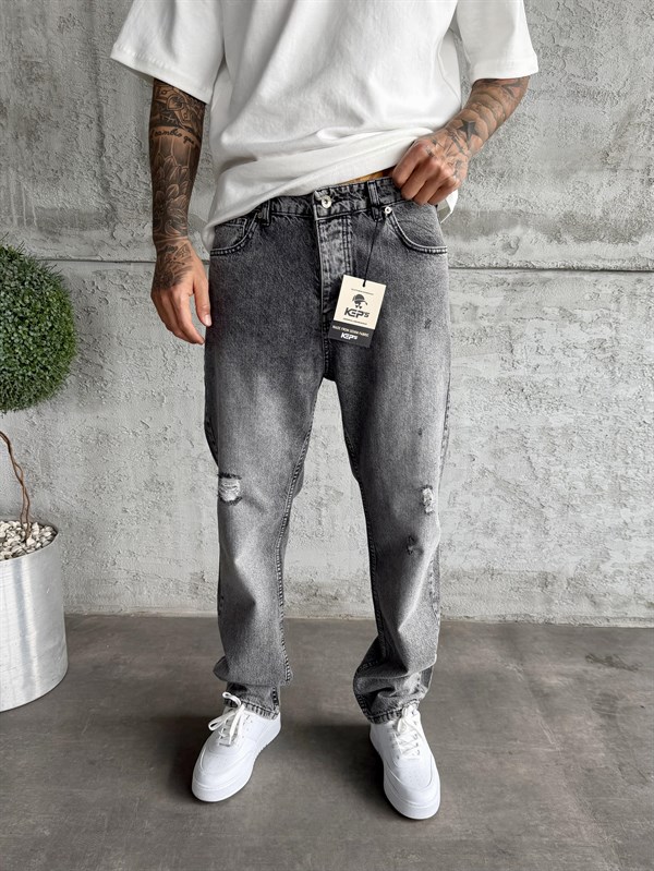 Füme Taşlamalı Yırtıklı Baggy Jean