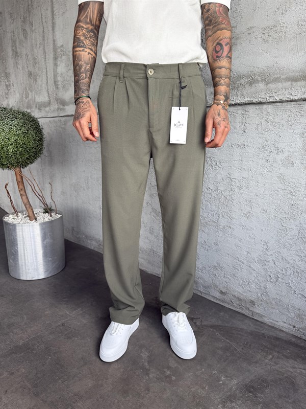 Haki Pileli Baggy Kumaş Pantolon