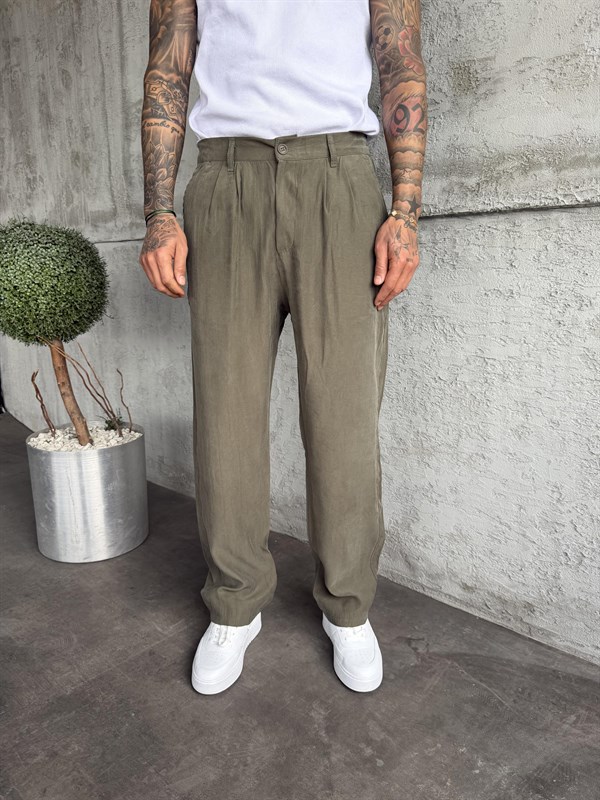 Haki Pileli Modal Kumaş Baggy Pantolon