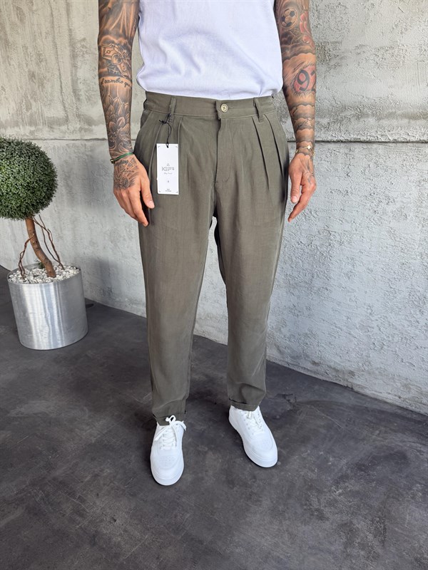Haki Pileli Modal Kumaş Boyfriend Pantolon