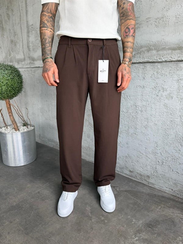 Kahve Pileli Baggy Kumaş Pantolon