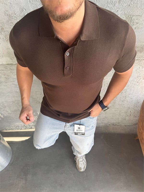 Kahve Polo Yaka Düğmeli Triko T-Shirt