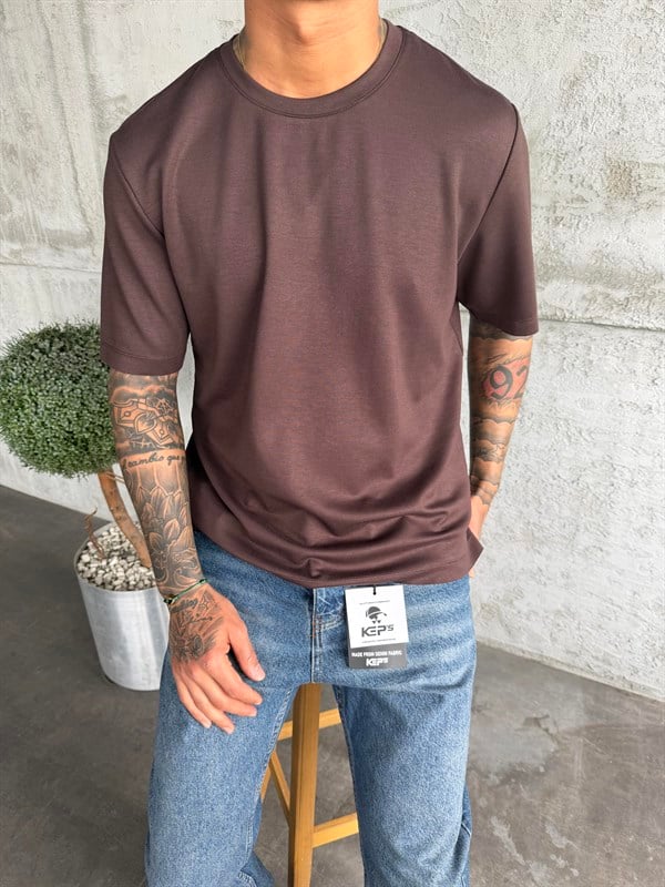 Kahve Premium Kumaş Basic T-Shirt