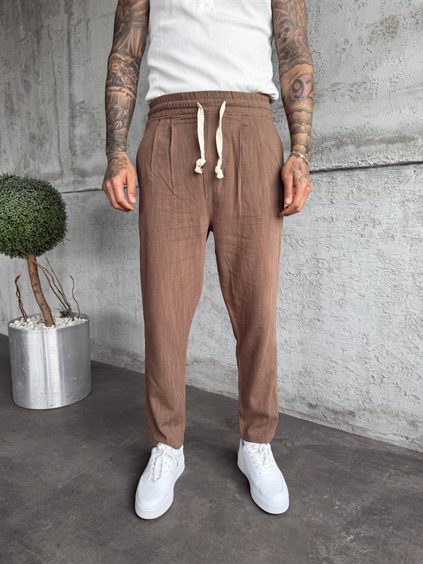 Kahverengi Pileli Boyfriend Keten Pantolon