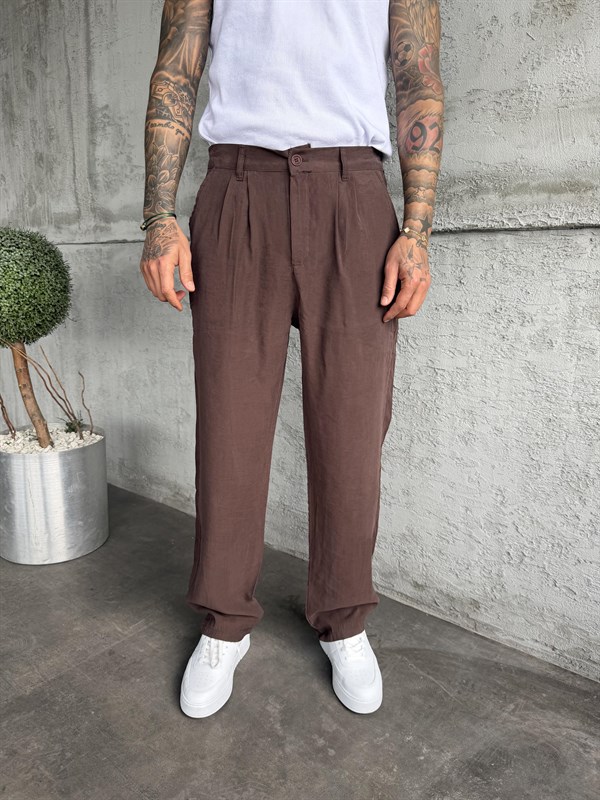 Kahverengi Pileli Modal Kumaş Baggy Pantolon
