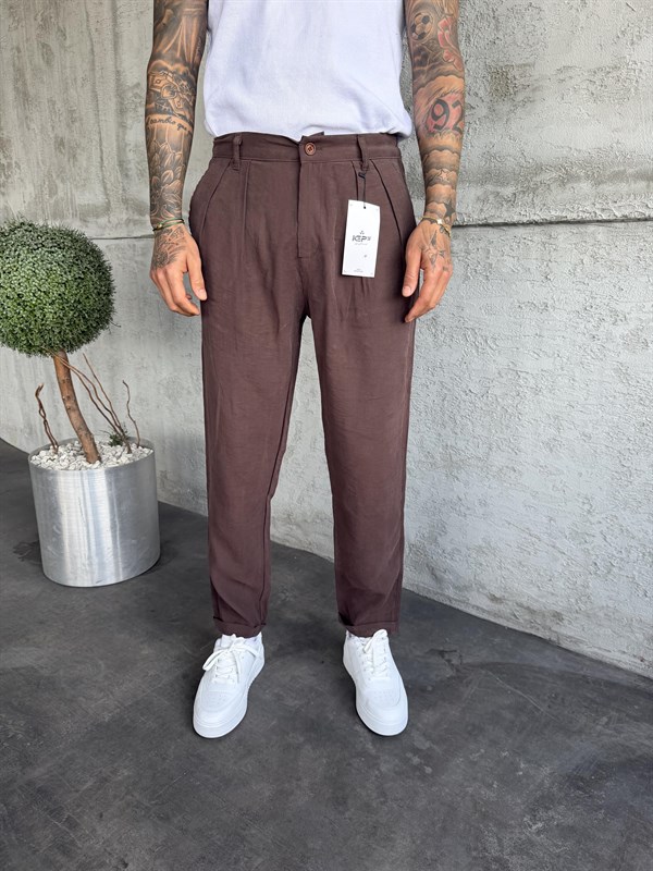 Kahverengi Pileli Modal Kumaş Boyfriend Pantolon