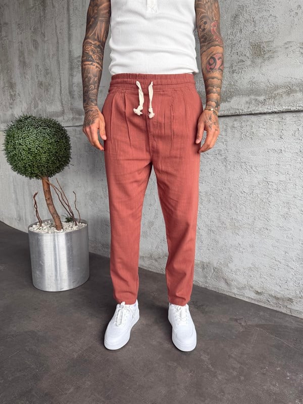 Kiremit Pileli Boyfriend Keten Pantolon