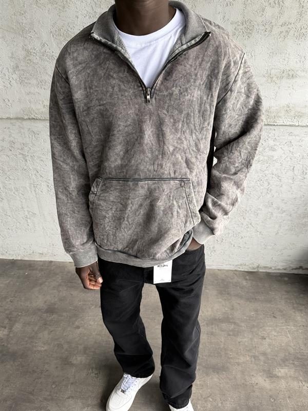 Koyu Gri Yıkamalı Fermuarlı Sweatshirt