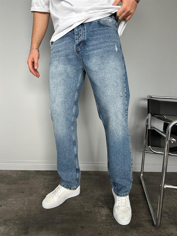Koyu Lacivert Yıkamalı Yırtıklı Mavi Baggy Jean