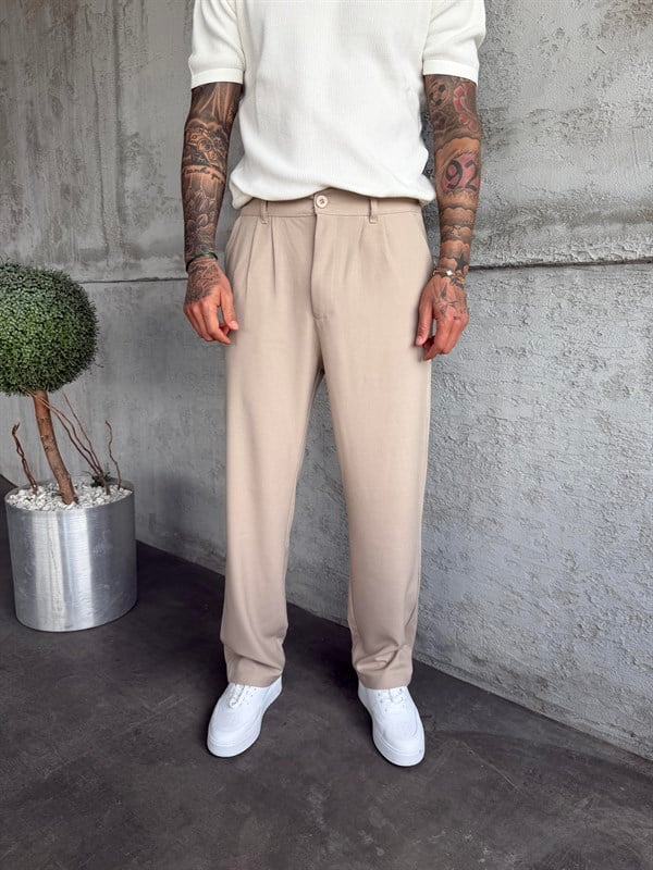 Krem Pileli Baggy Kumaş Pantolon