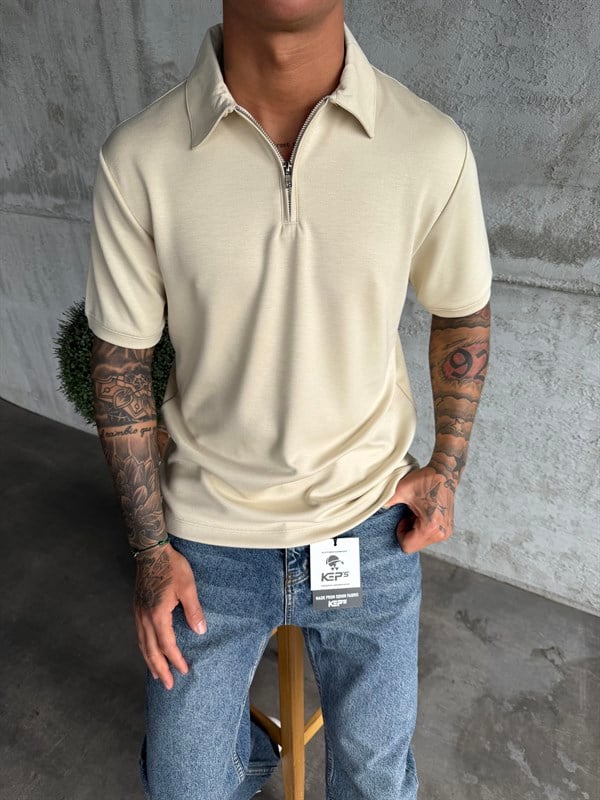 Krem Polo Yaka Basic T-Shirt