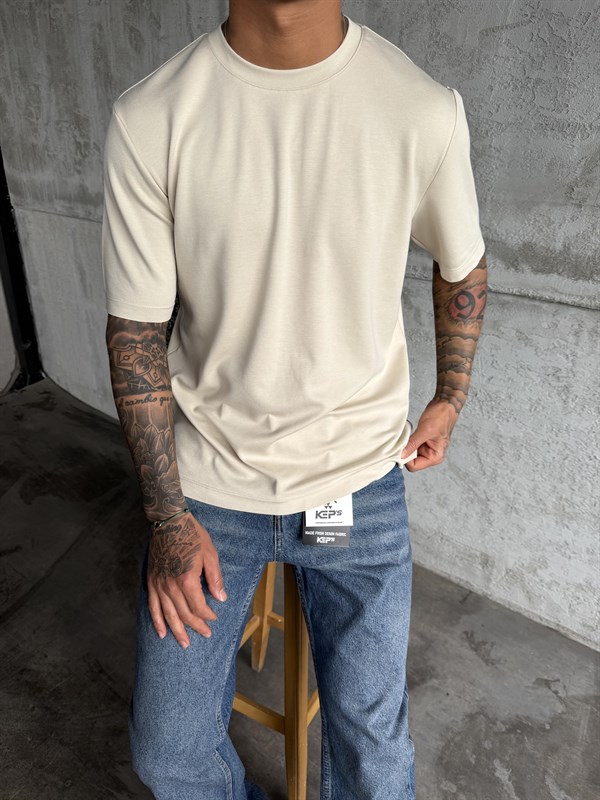 Krem Premium Kumaş Basic T-Shirt