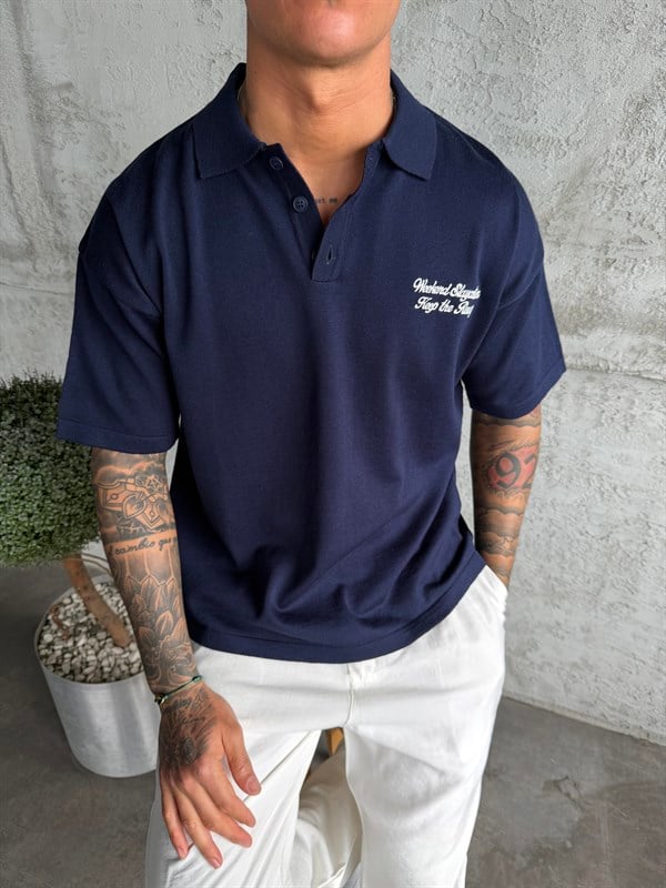 Lacivert Nakış Yazılı Polo Yaka T-Shirt