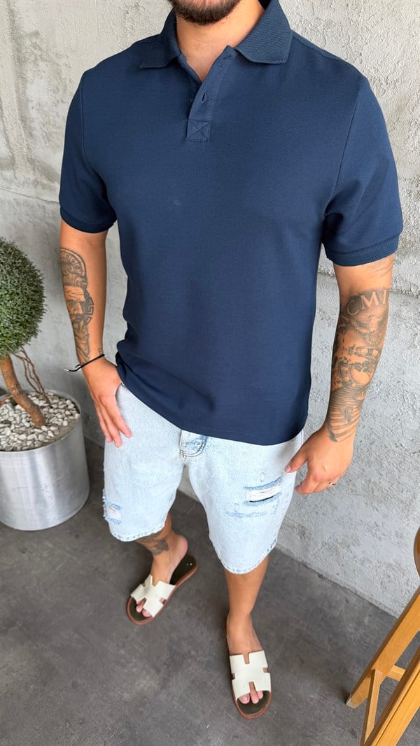 Lacivert Pike Kumaş Polo Yaka T-Shirt