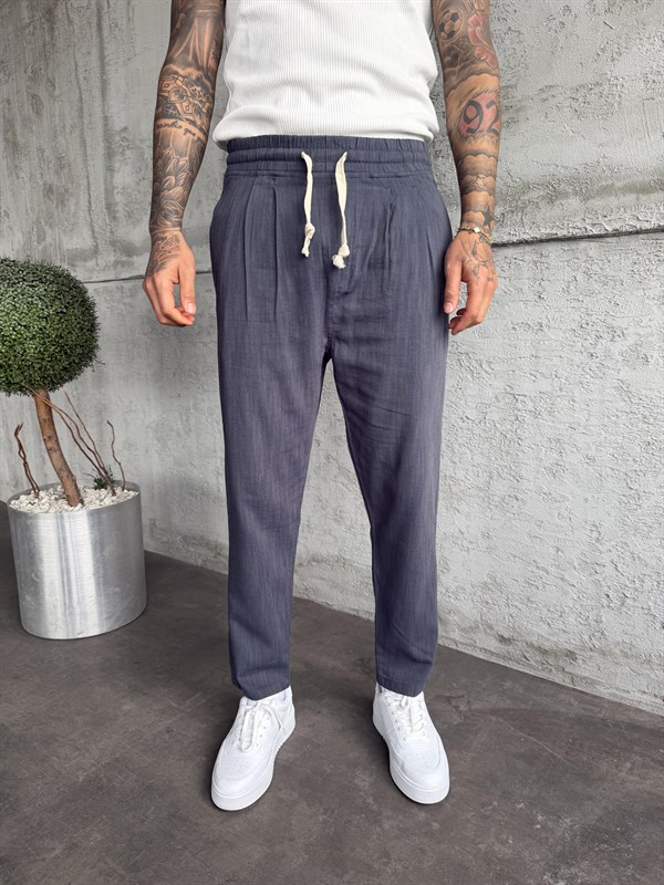 Lacivert Pileli Boyfriend Keten Pantolon