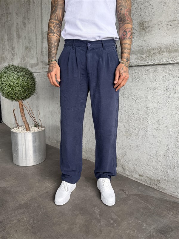 Lacivert Pileli Modal Kumaş Baggy Pantolon