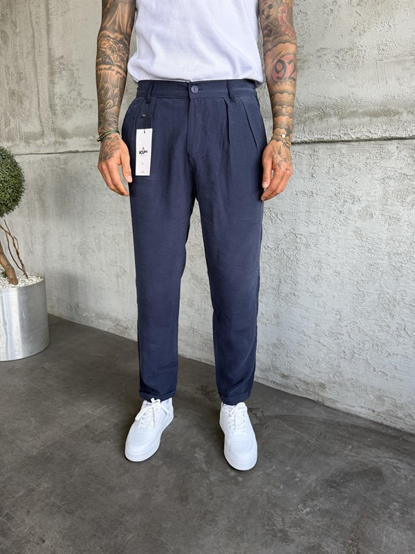 Lacivert Pileli Modal Kumaş Boyfriend Pantolon