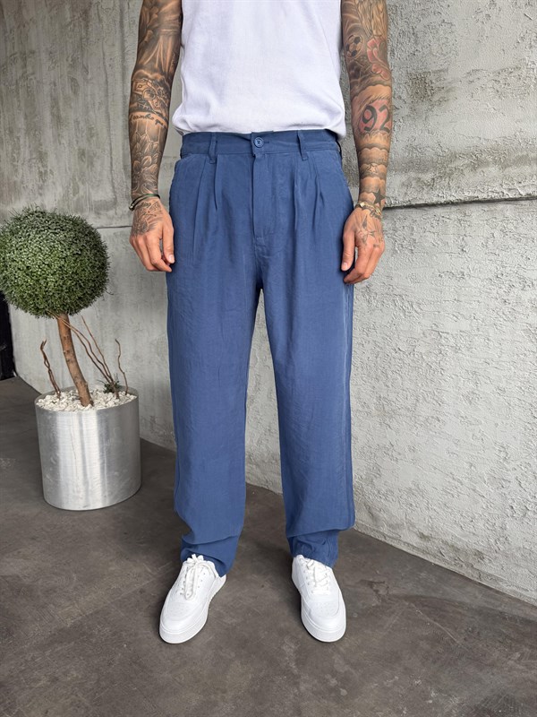 Mavi Pileli Modal Kumaş Baggy Pantolon