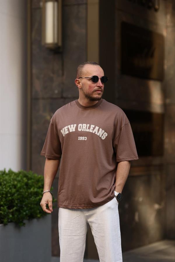 New Orleans Baskı Detaylı Kahverengi Oversize T-Shirt