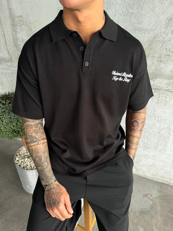 Siyah Nakış Yazılı Polo Yaka T-Shirt