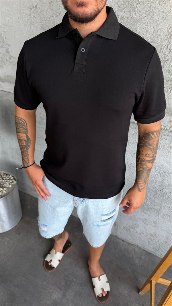 Siyah Pike Kumaş Polo Yaka T-Shirt