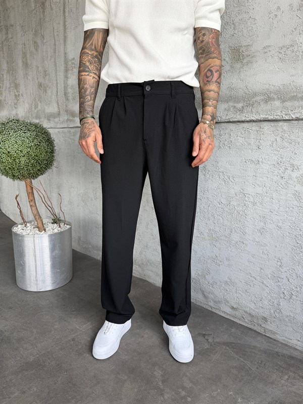 Siyah Pileli Baggy Kumaş Pantolon