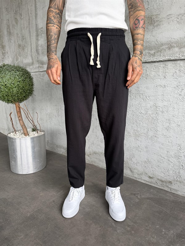 Siyah Pileli Boyfriend Keten Pantolon