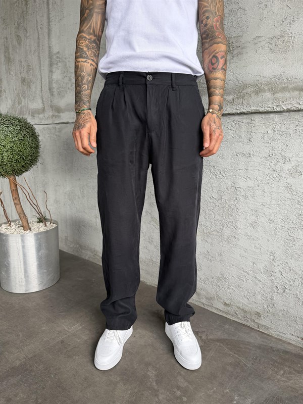 Siyah Pileli Modal Kumaş Baggy Pantolon