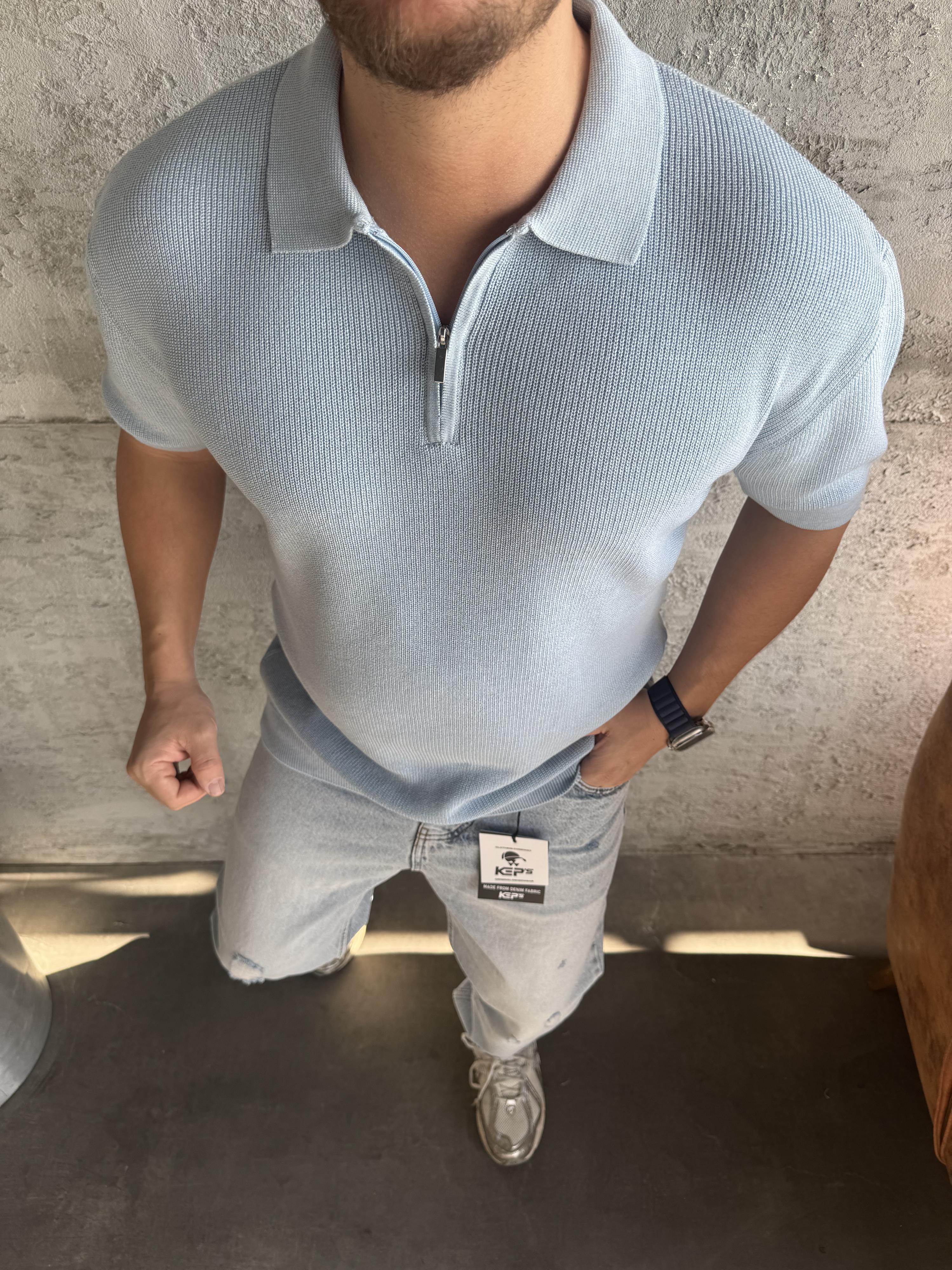 Bebe Mavi Polo Yaka Fermuarlı Triko T-Shirt