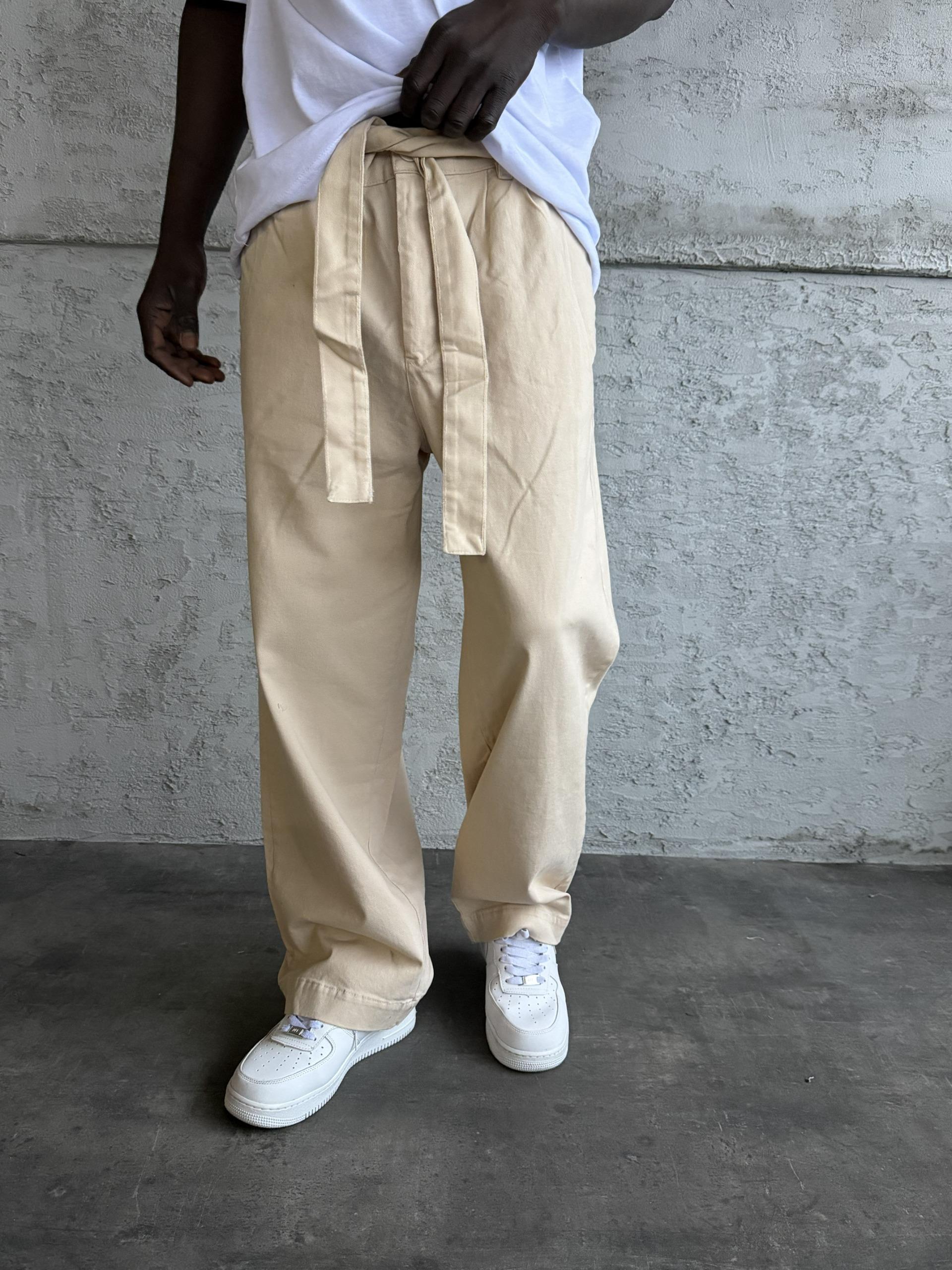 Bej Gabardin Kumaş Baggy Pantolon