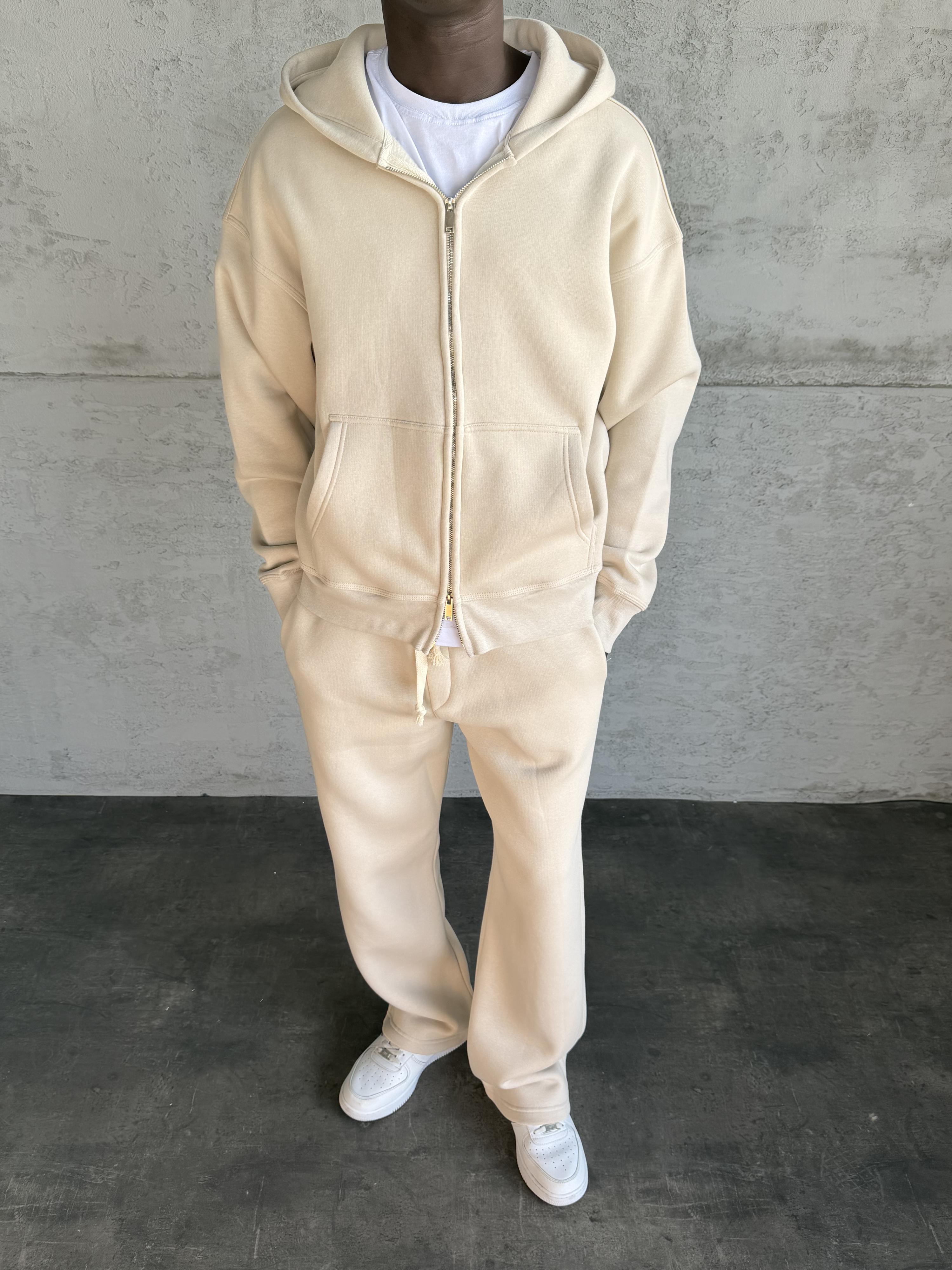 Bej Kapüşonlu Fermuarlı Sweatshirt