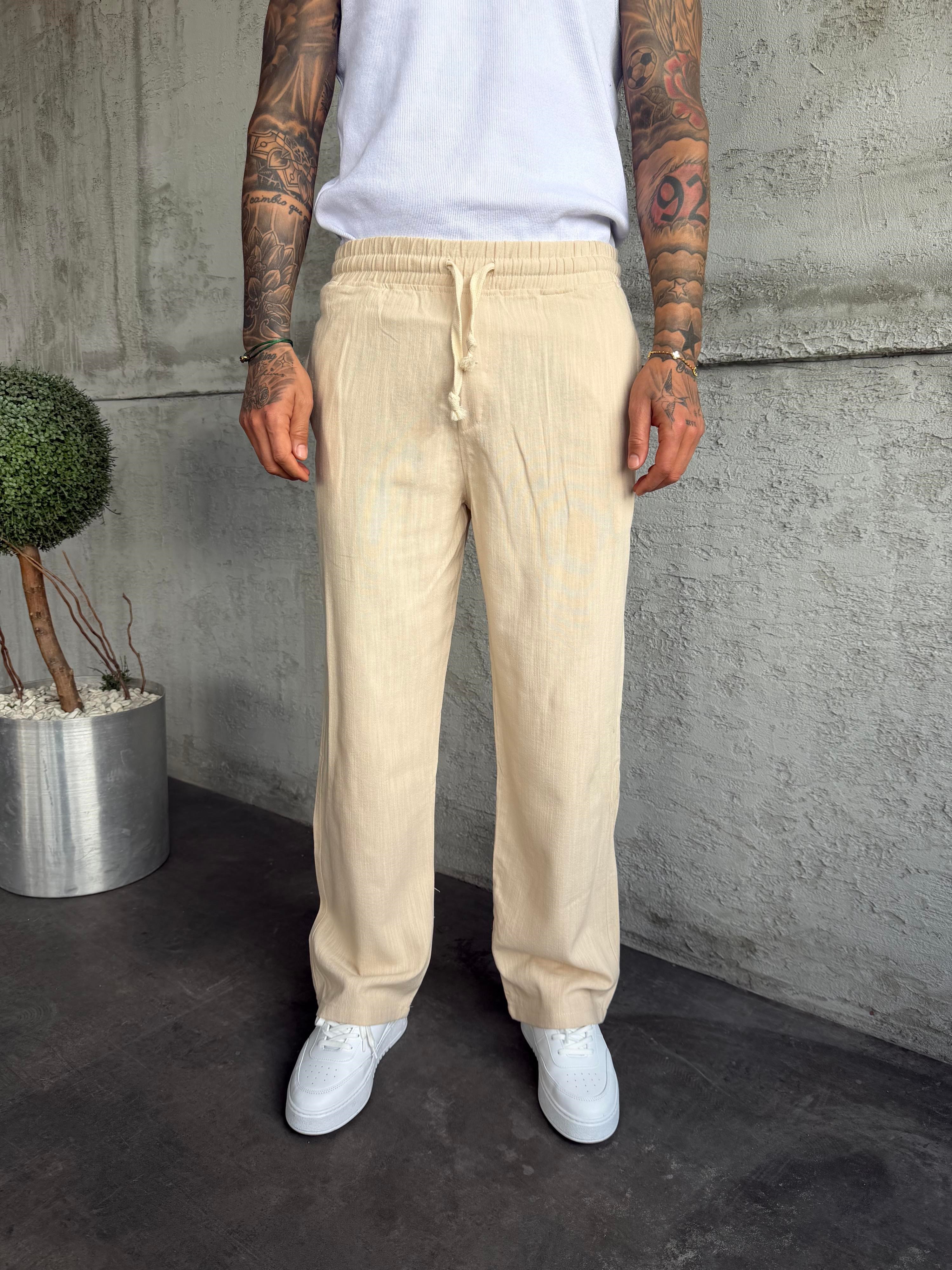 Bej Keten Baggy Pantolon