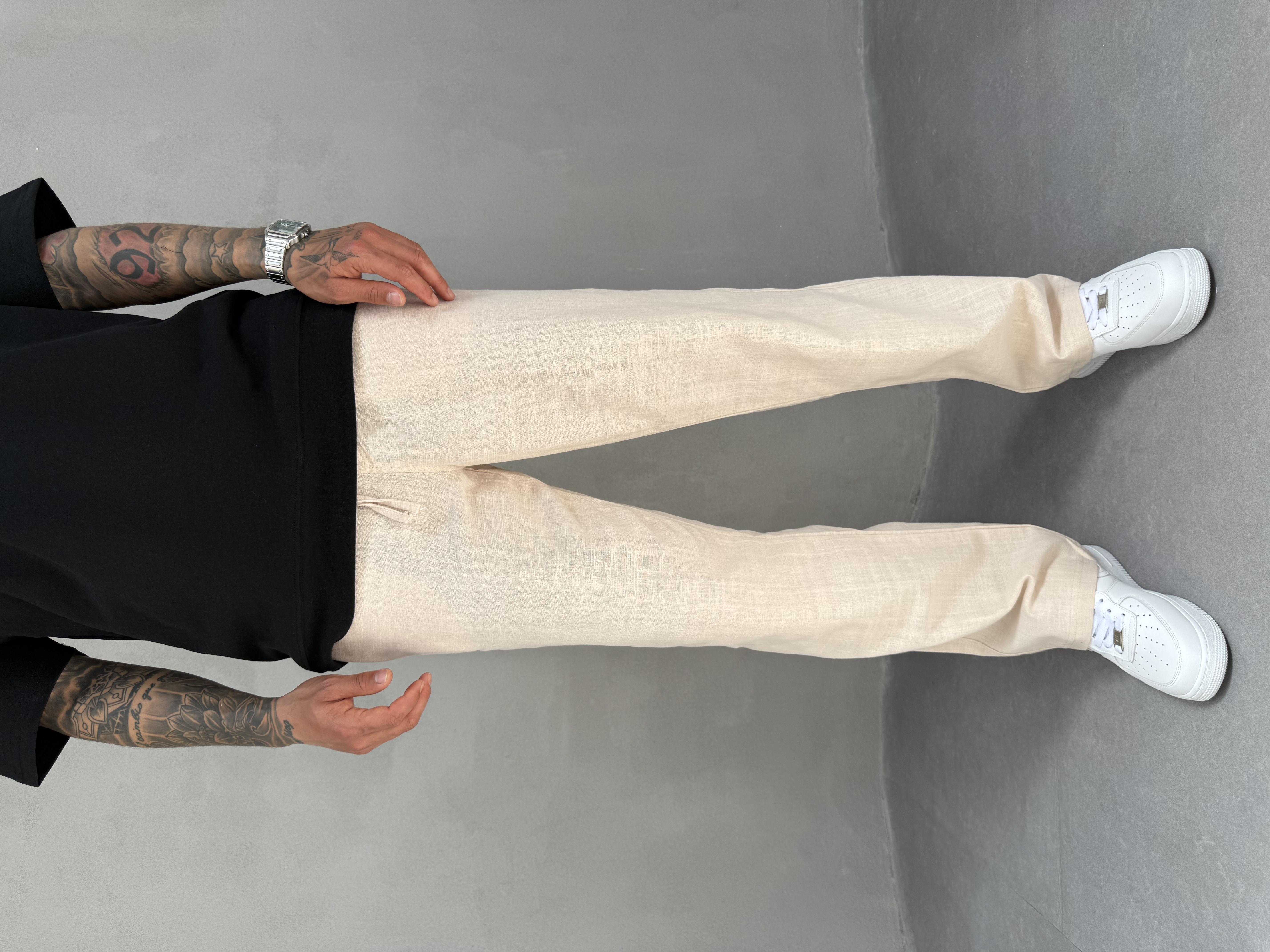 Bej Keten Baggy Pantolon
