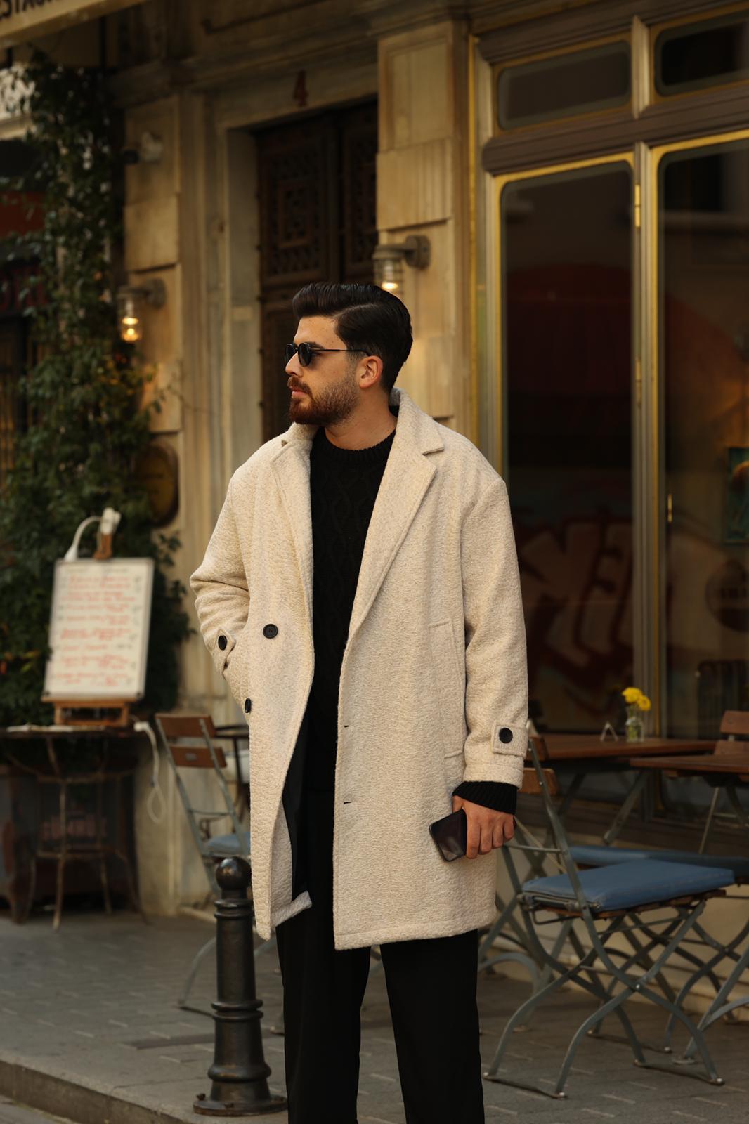 Bej Kırçıllı Oversize Kaşe Kaban