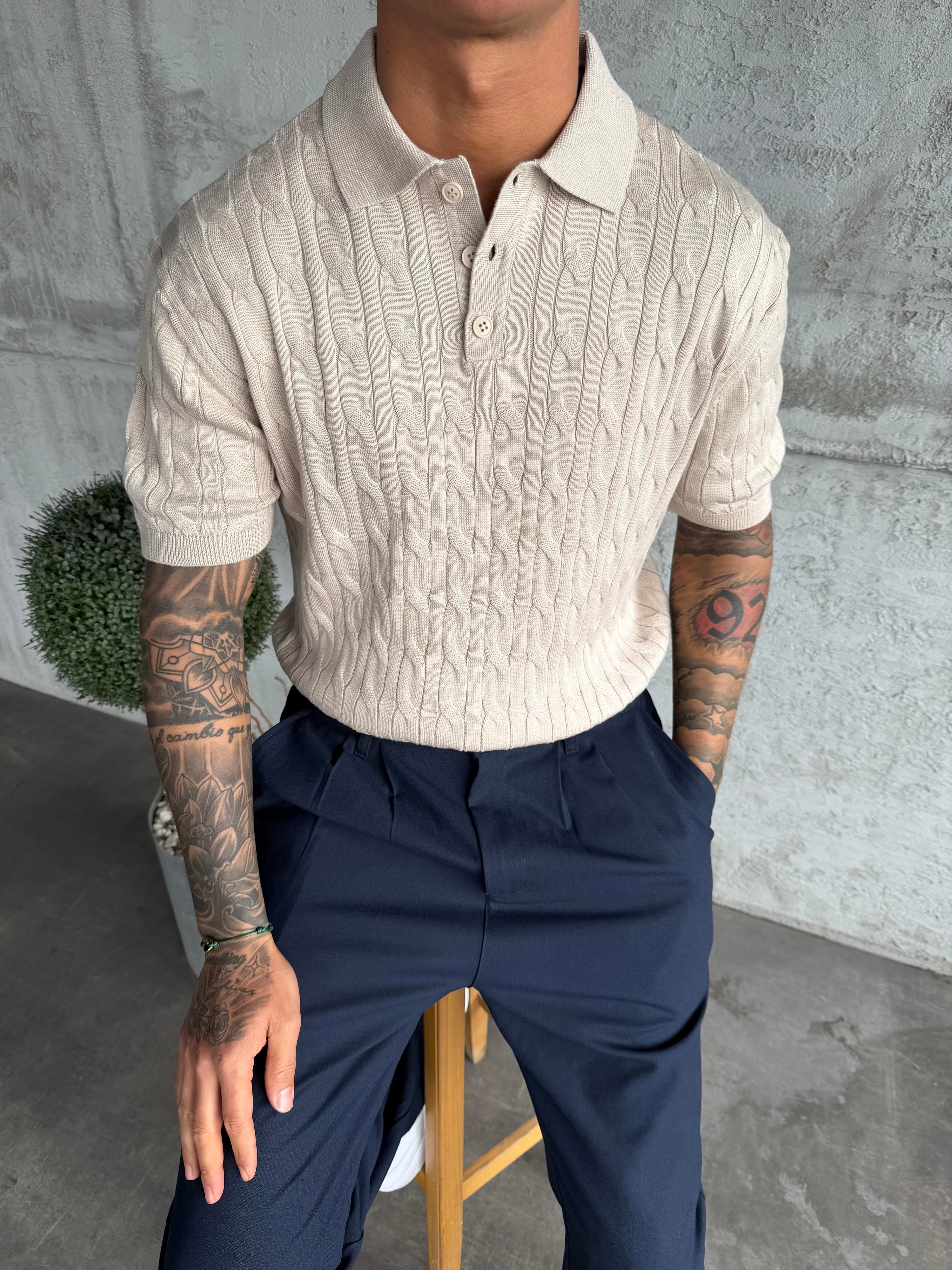 Bej Örgü Desenli Polo Yaka Triko T-Shirt